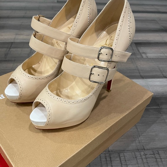 Christian Louboutin Lulu 140 Nappa Nude Peep Toe Double Strap SZ 38.5 - Picture 2 of 11